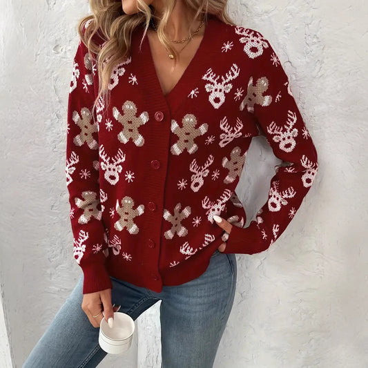 Knitted Red V-neck Christmas Sweater