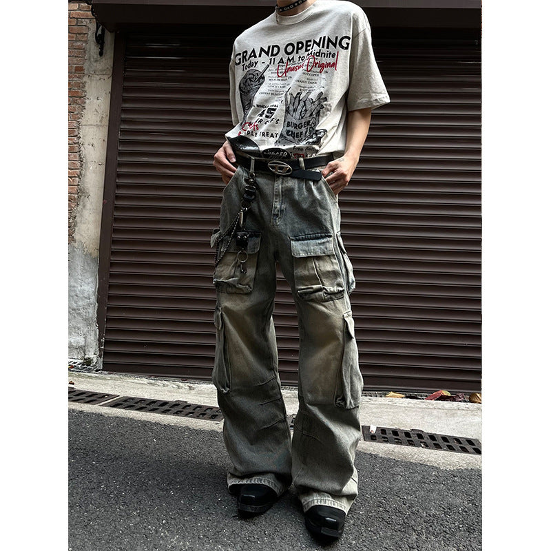 Retro Workwear Multi-pocket Functional Casual Jeans Straight-leg Wide-leg Pants