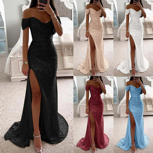 Female Creative Solid Color Sparkling Slit Dress