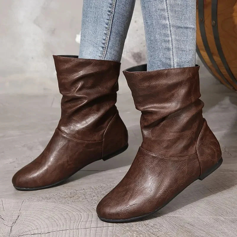 Leather Flat All-match Short Boots Women