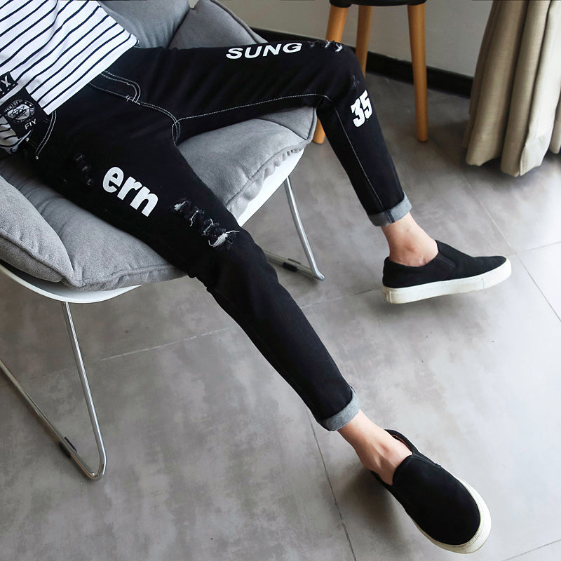 Autumn black ripped ankle jeans men