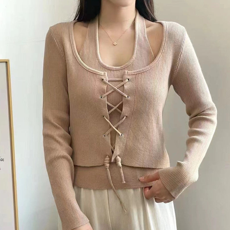 Korean Style Halter Off-the-shoulder Lace Up Fake Two Pieces Long Sleeve Knitted Top