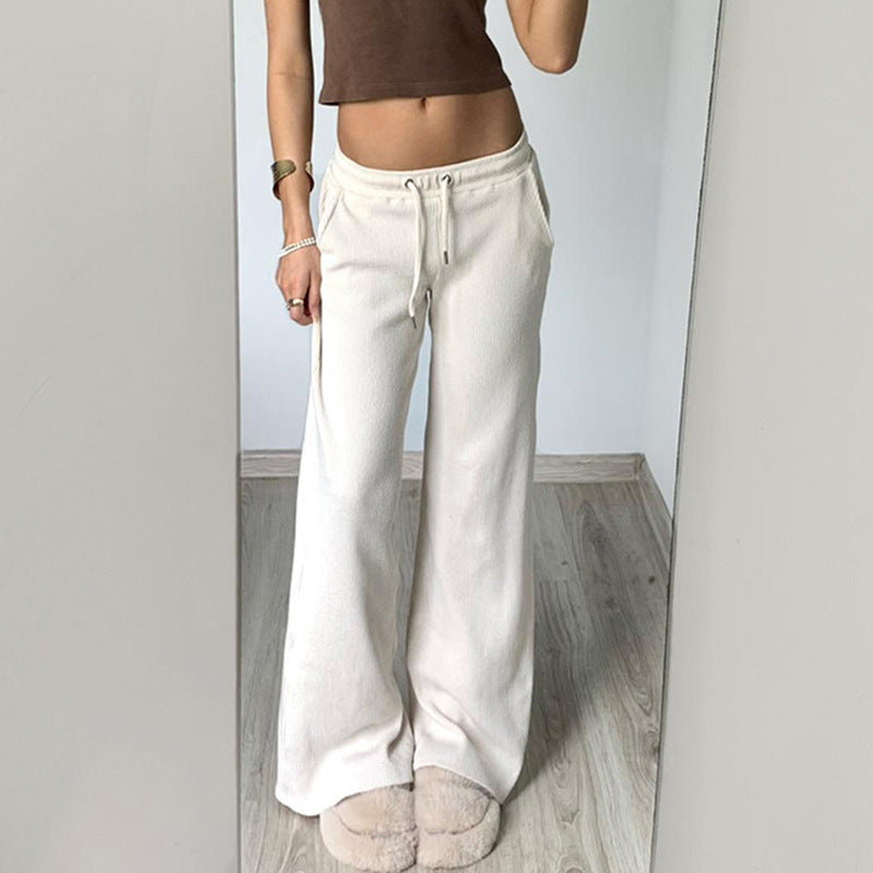 Pure Color Minimal Versatile Sports Style Low Waist Lace-up Draping Mop Straight-leg Trousers