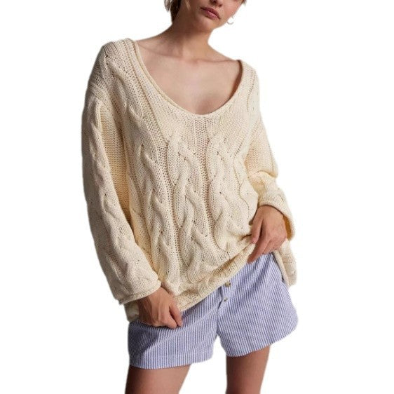 Loose V-neck Twist Knitted Pullover Sweater Women