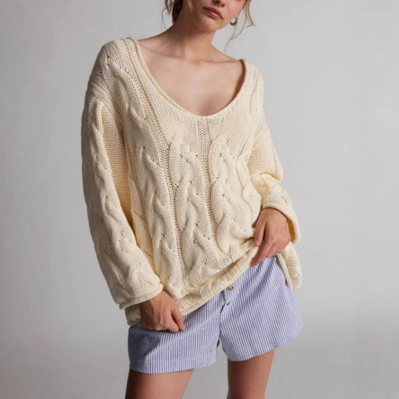 Loose V-neck Twist Knitted Pullover Sweater Women