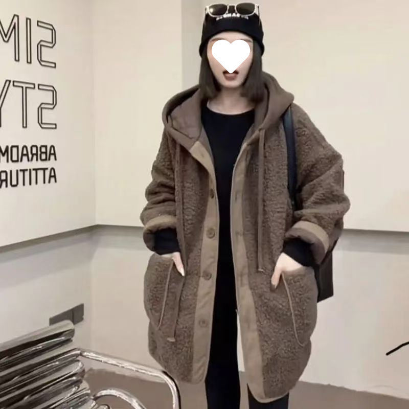 Patchwork False Two-piece Sweaters Hooded Loose All-match Plus Size Woolen Coat