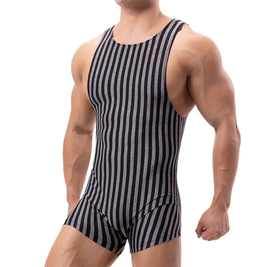 Men's New One-piece Vertical Striped Pajamas Sports Jumpsuit