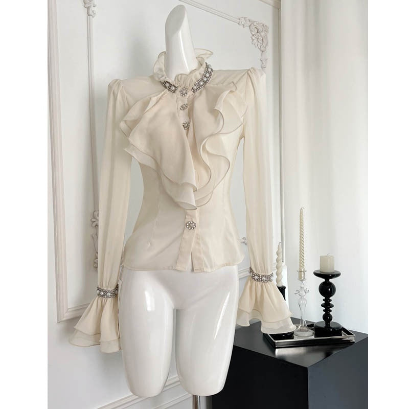 Exquisite Rhinestone White Shirt High-grade Chiffon Ruffle Top