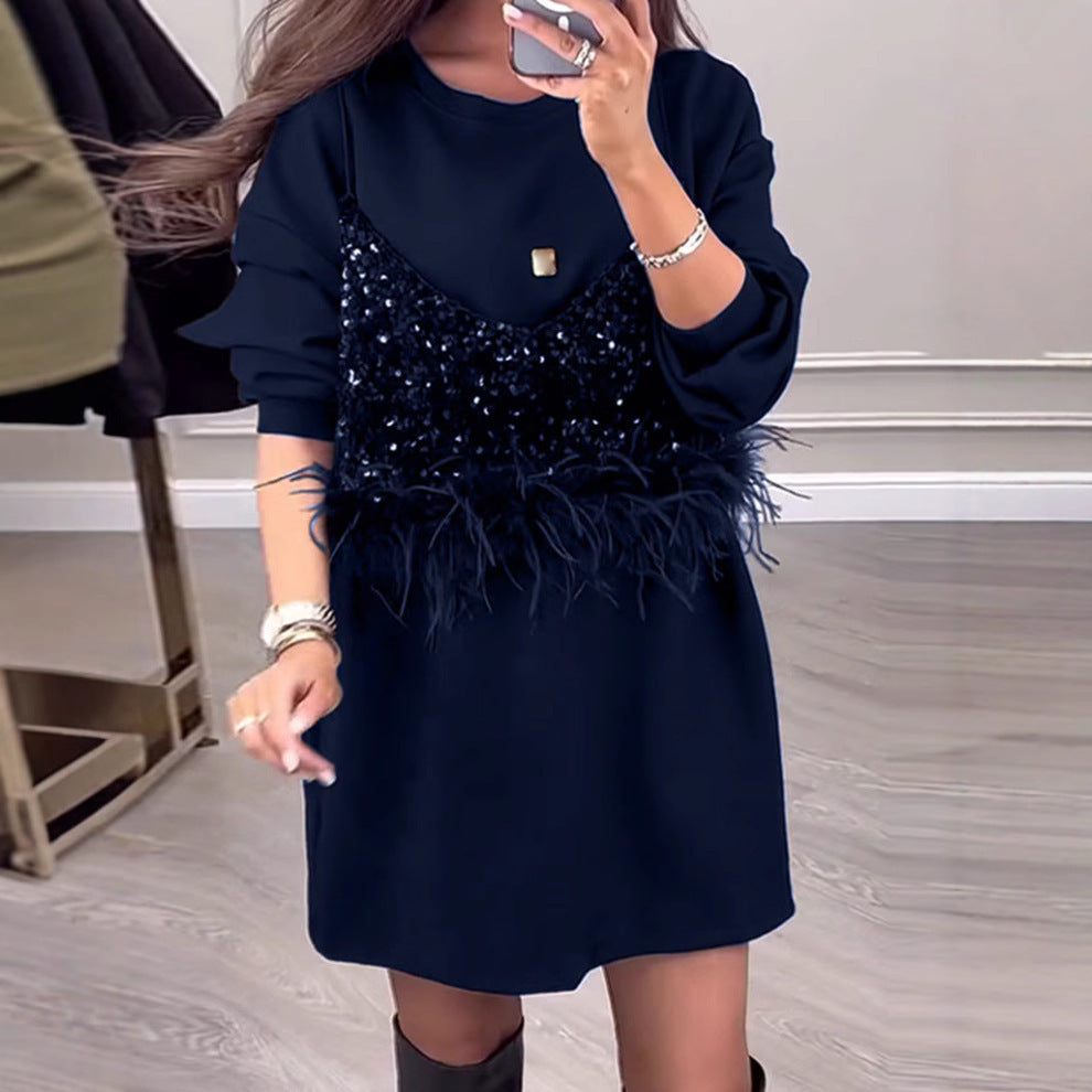 Round Neck Sequins Stitching Feather Dress Women's Clothing