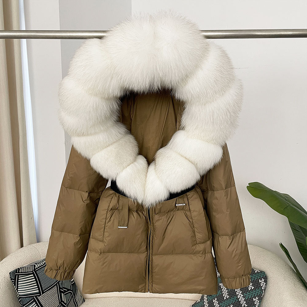 Oversized Real Fox Fur Collar Hooded White Duck Down Jacket