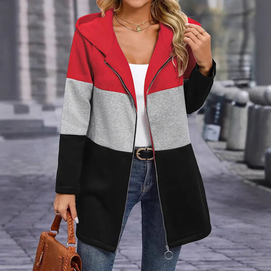 Autumn And Winter Leisure Fashion Loose Color Contrast Patchwork Hooded Jacket