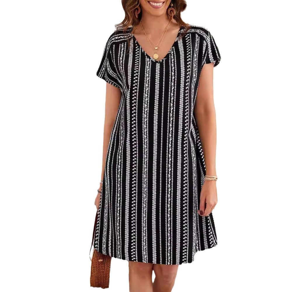 Elegant Striped Print Loose V-neck Dress