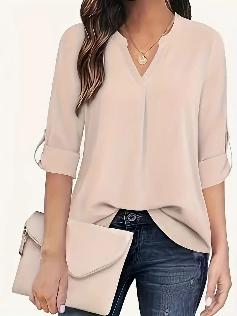 Solid Color Simple Blouse, Casual V-neck Long Sleeves