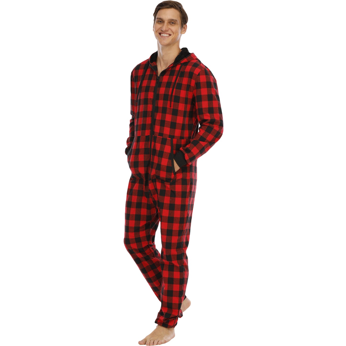 Men's Flannel Check Hooded One-piece Pajamas