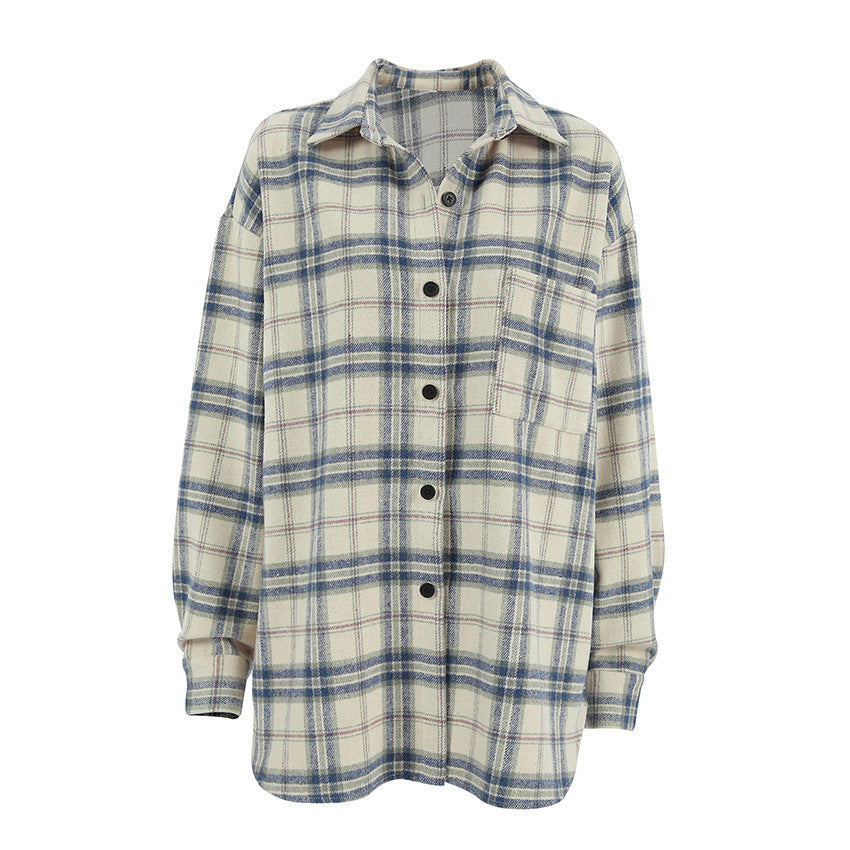 Lapel Loose Plaid Long Sleeve Shirt