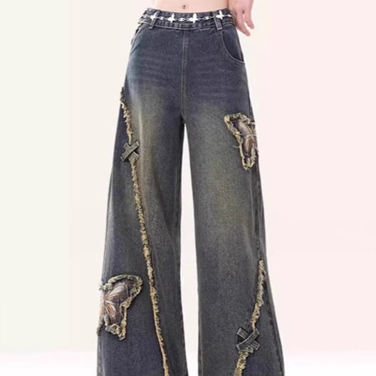 Retro Butterfly Patch Raw Edge Denim New High Street Design Straight Mop Pants