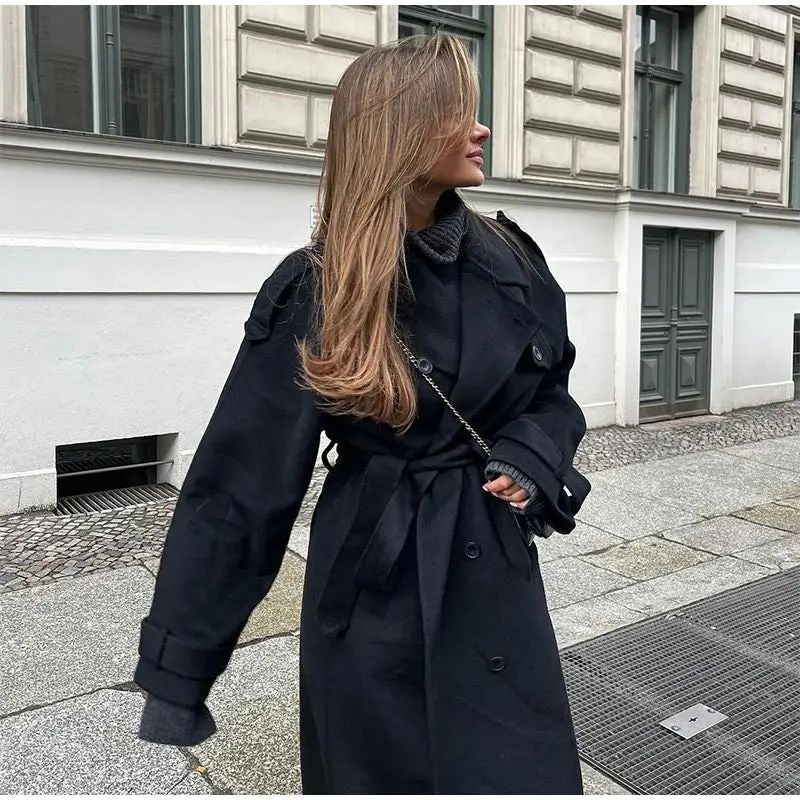 Women's Fashion With Belt Wool Large Coat