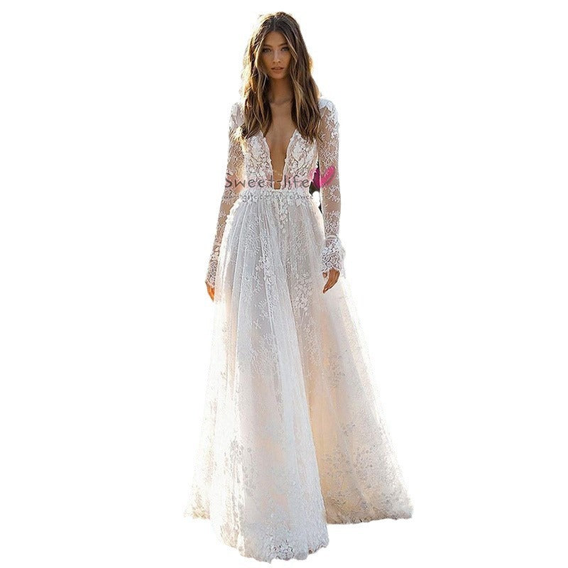 Women's Wedding Dress Lace Long Sleeve Dinner Party Gown