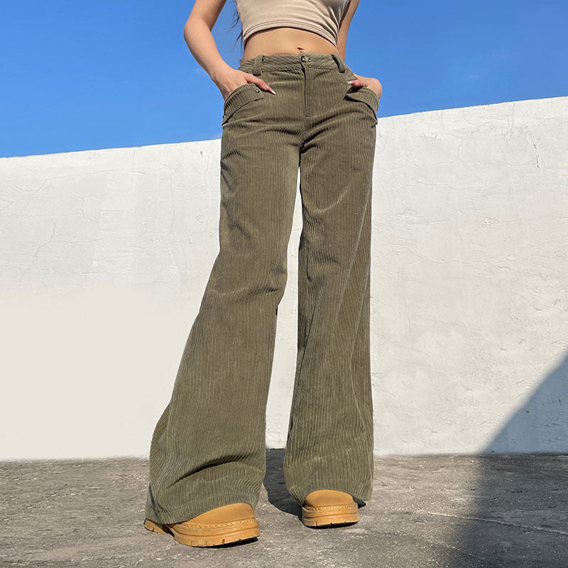 High Waist Straight All-matching Corduroy Flanging Pocket Loose Casual Pants