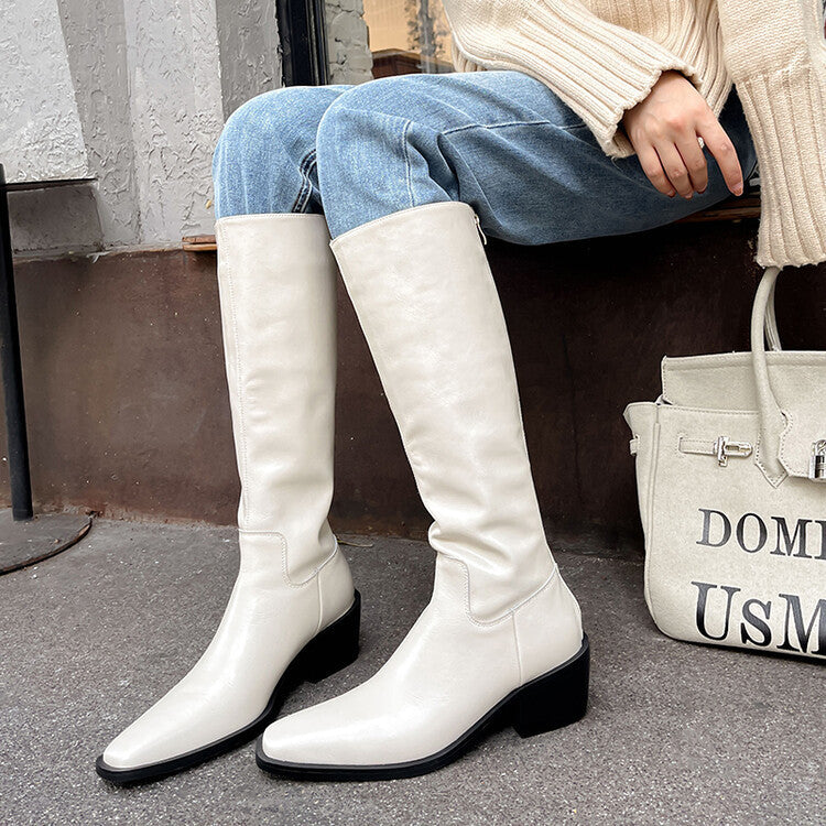 British Style Square Toe Mid-heel Thick Heel White Cowhide High Leg Boot Back Zipper