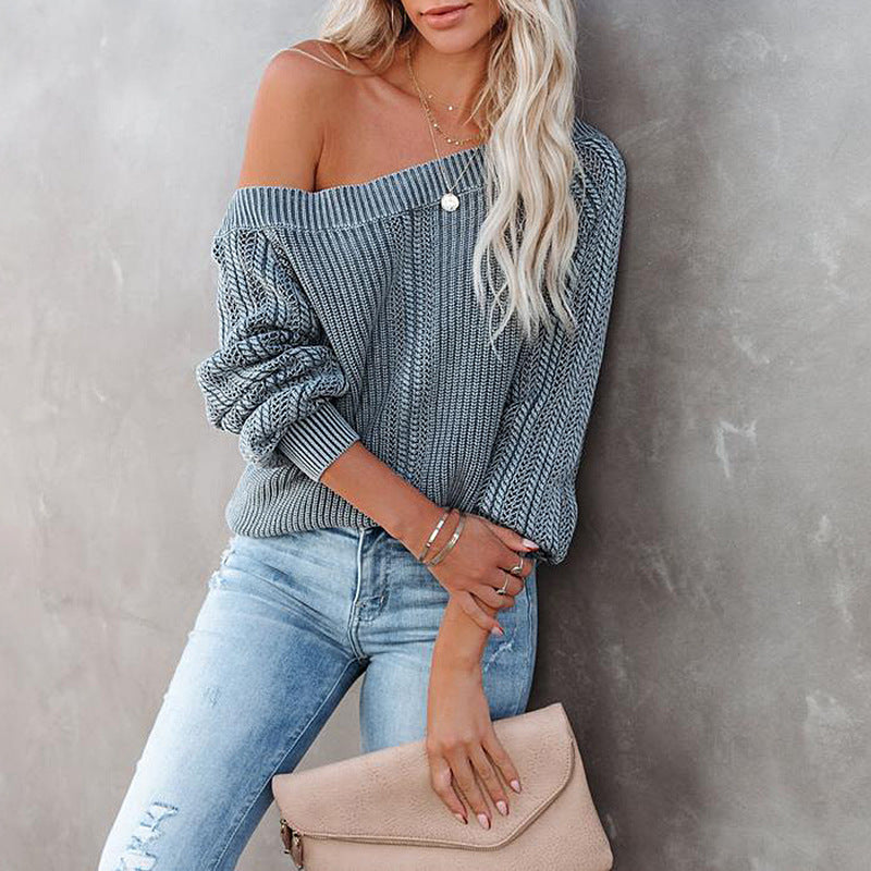 Solid Color Loose V-neck Lantern Sleeve Long Sleeve Sweater