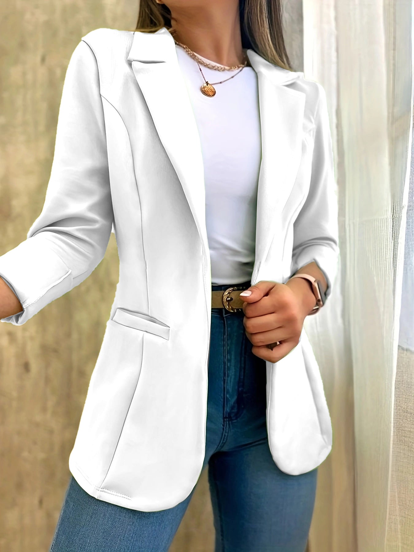 Solid Color Minimalist Long Sleeve Blazer Collar Coat