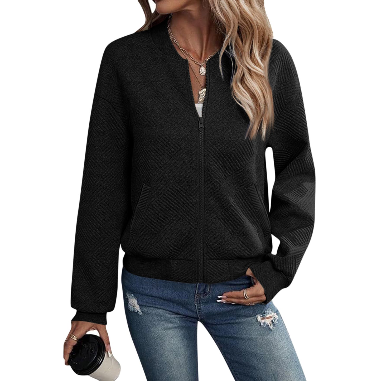 Long Sleeve Zipper Decorations Cardigan Solid Color Coat