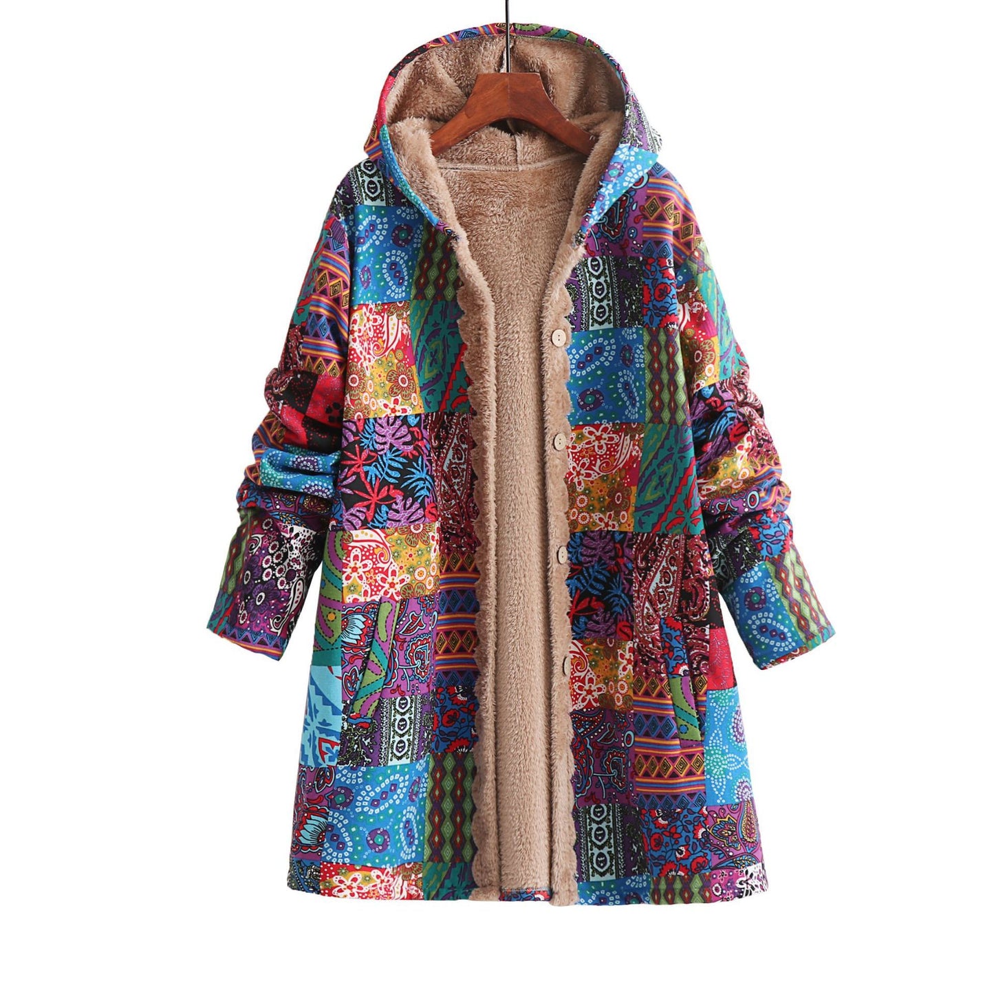 Cotton And Linen Printed Hoodie Warm Plush Coat