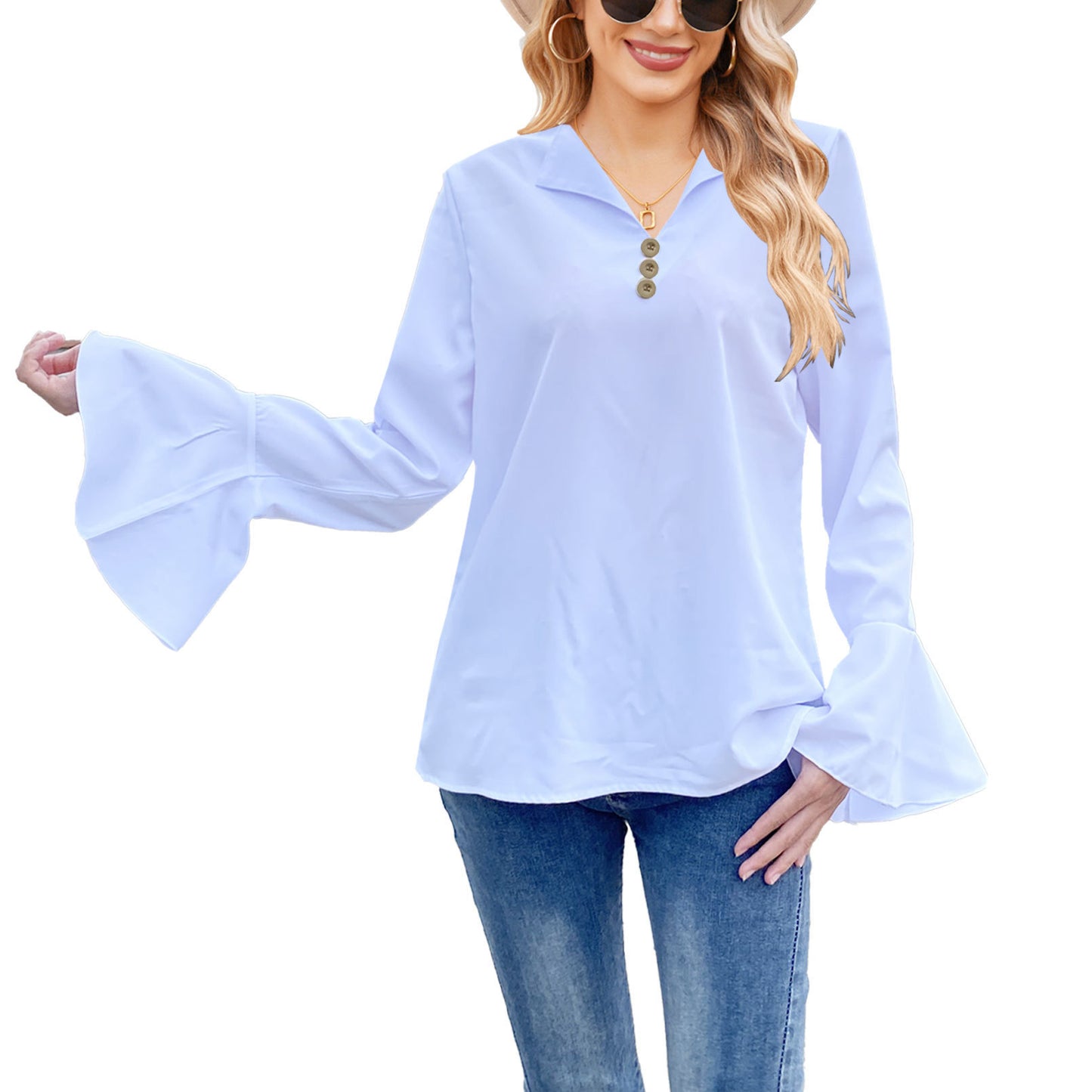 Lotus Leaf Shirt Solid Color T-shirt V-neck Button Women's Top