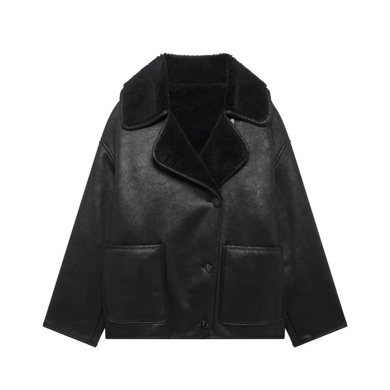 Retro Black Turn-down Collar Loose Fur Coat