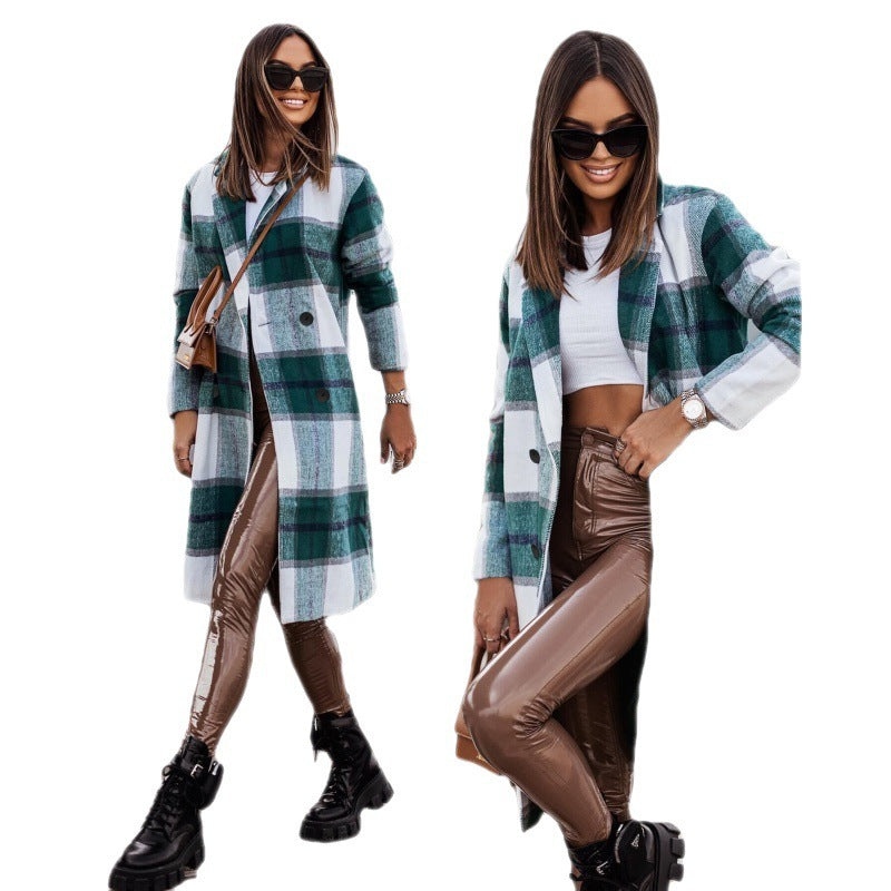 Fashio Women's Mid-length Plaid Print Coat