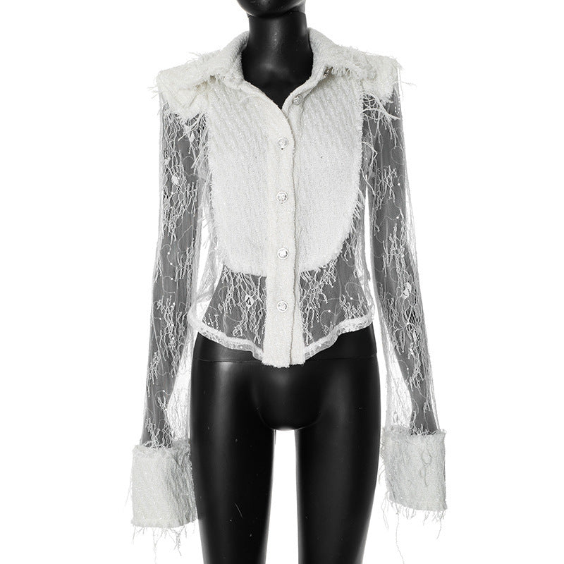 White Lace Stitching Transparent Shirt