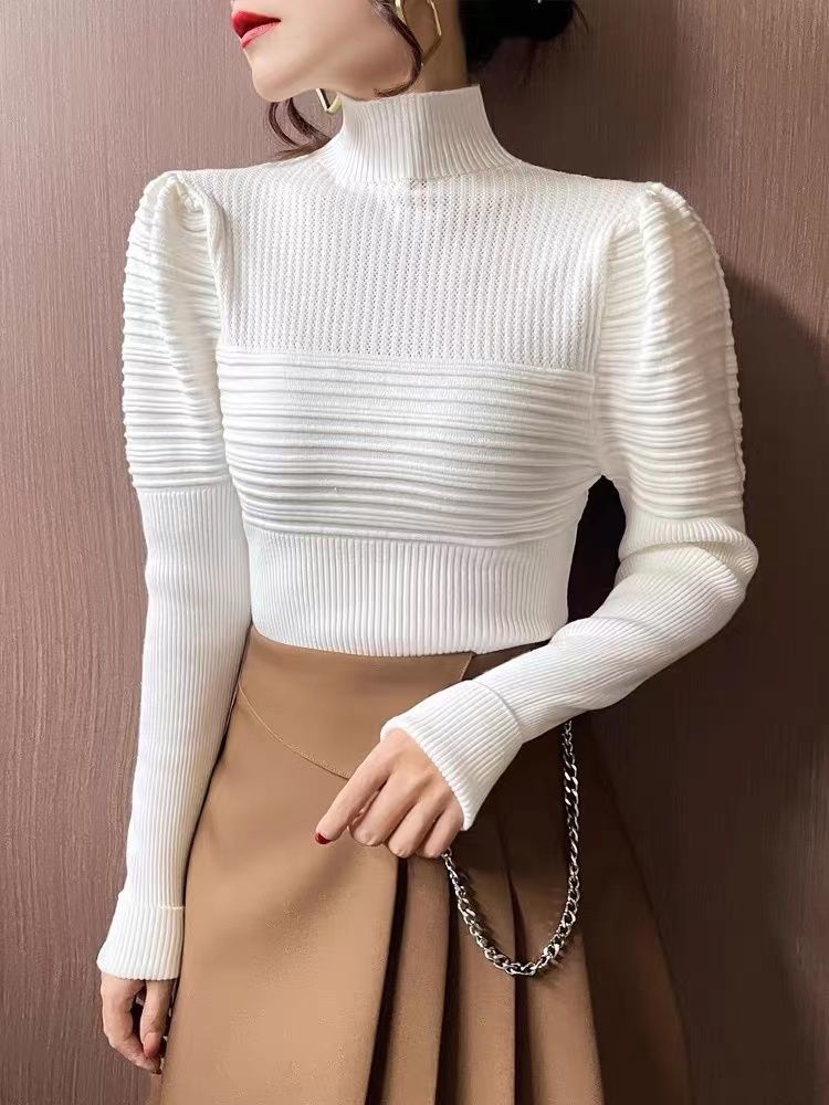 Half Turtleneck Sweater Slimming Puff Sleeve Sweater