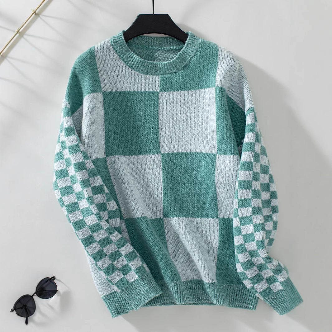 Autumn New Personality Slim Fit Color Matching Plaid Knitted Sweater