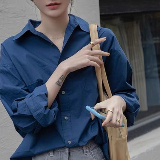 Retro Feeling Small Port Style French Long-sleeved Solid Color Shirt