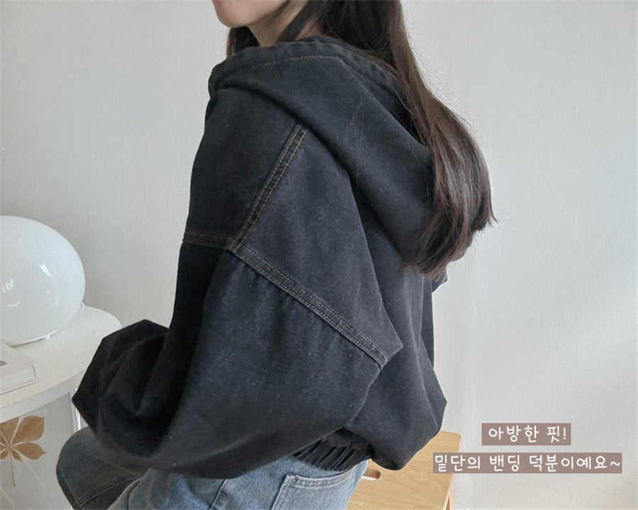 Casual Cool Girl Retro Hooded Drawstring Windproof Denim Jacket Coat