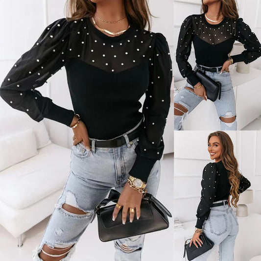 Mesh Beaded Stitching Long-sleeved Solid Color Top