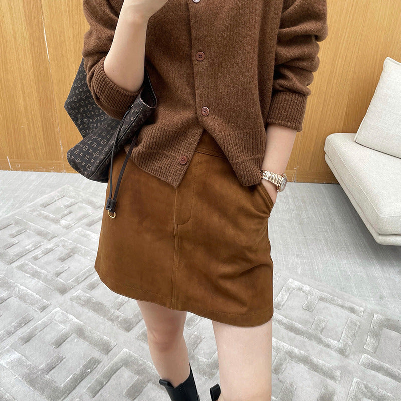 Genuine Leather Spring And Autumn New Simple High Waist Sheath Skirt