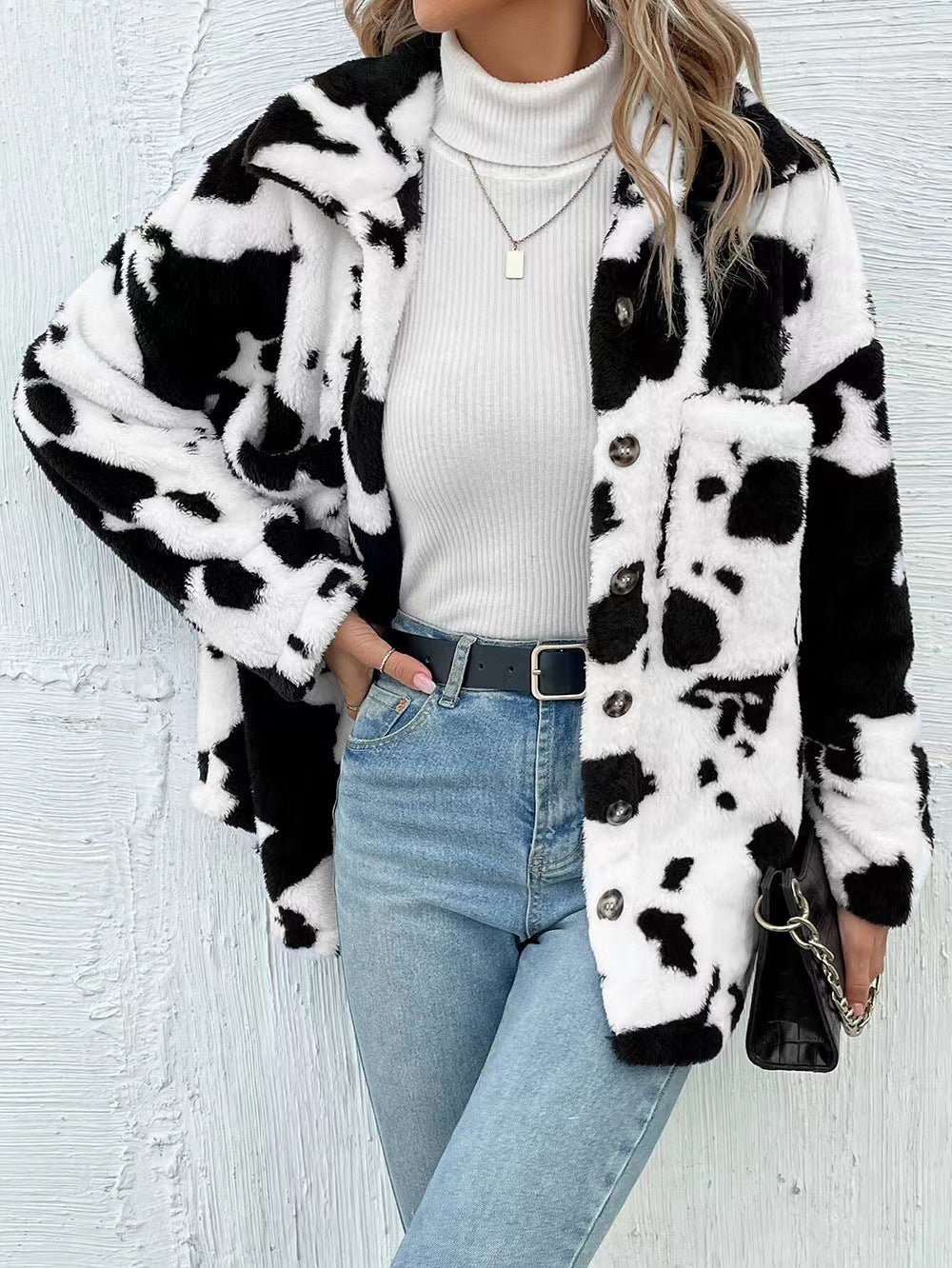 Double-sided Plush Cow Pattern Pocket Top Coat