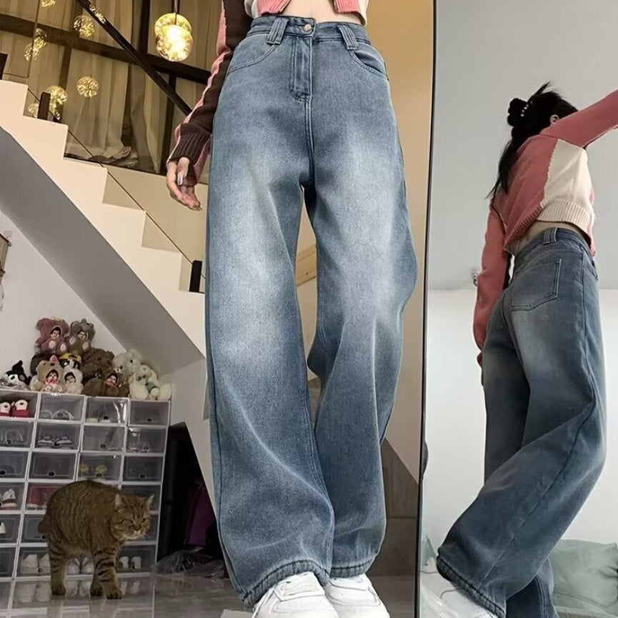 Fleece-lined Thick Jeans Female High Waist Straight Pants