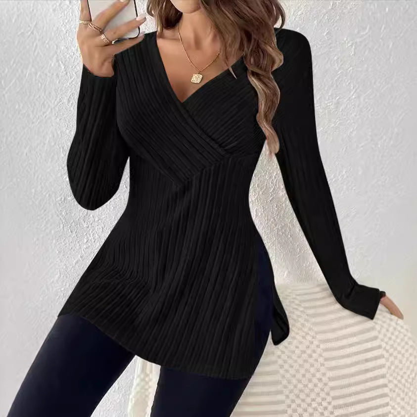 Long Sleeve Solid Color And V-neck Leisure Pajamas Sunken Stripe Top