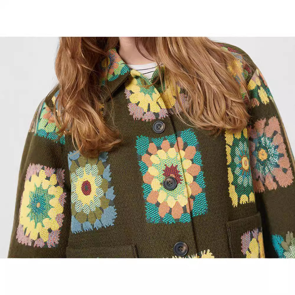 Lapel Long Sleeve Flower Print Green Jacket Coat