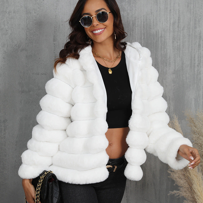 Women's Striped Hooded Imitation Fur Short Jacket