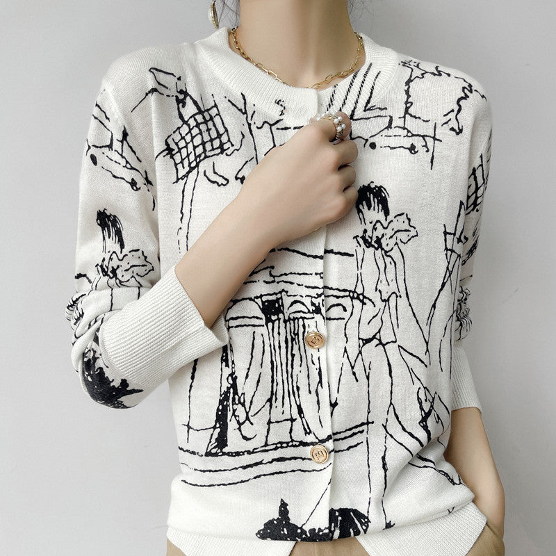 Spring And Autumn New Wool Cardigan Graffiti Round Neck Knitted Long Sleeve Baggy Coat