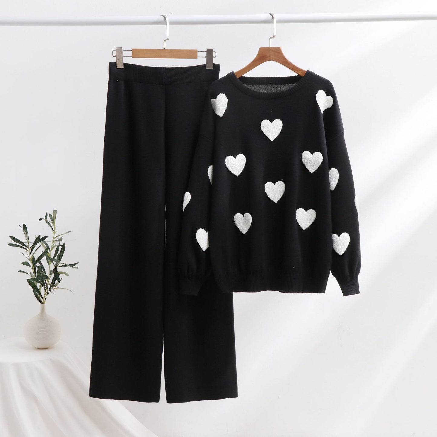 Heart Knitted Pants Outfit Top Two-piece Set