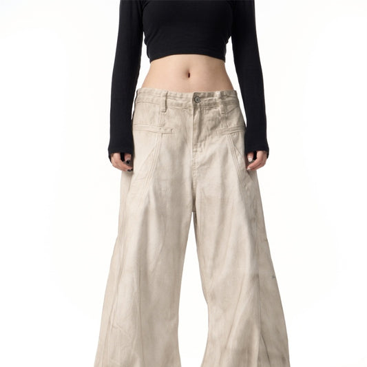 Retro Distressed Dirty White Wide Leg Pants Casual Trousers