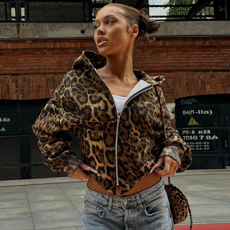 American Retro Fashion Wear Leopard Print Zipper Cardigan Outerwear