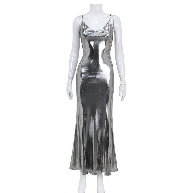 Sexy Sling Metal Shiny Silver Color Fishtail Dress