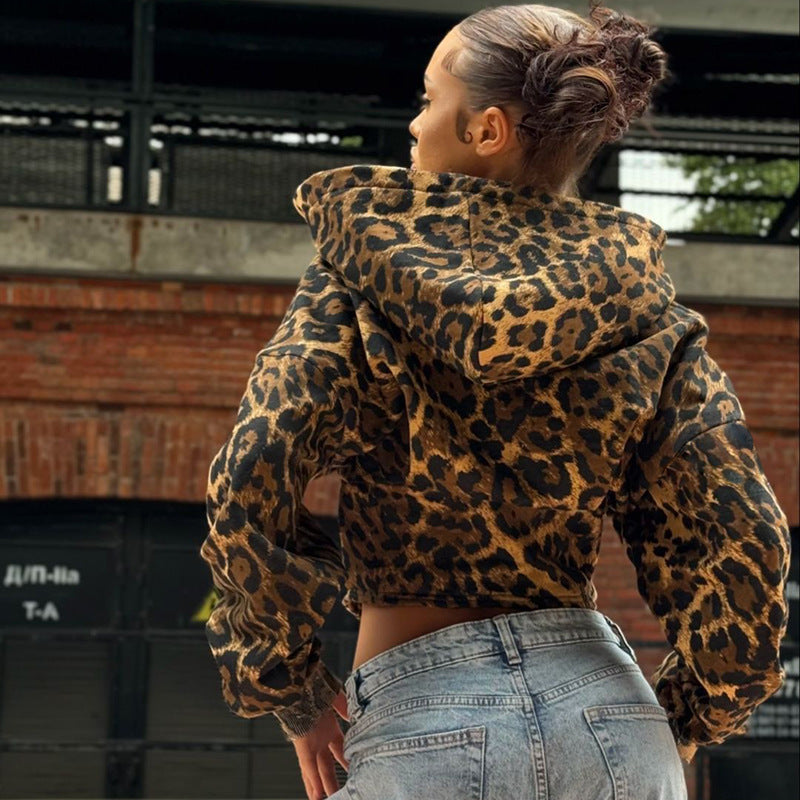 American Retro Fashion Wear Leopard Print Zipper Cardigan Outerwear