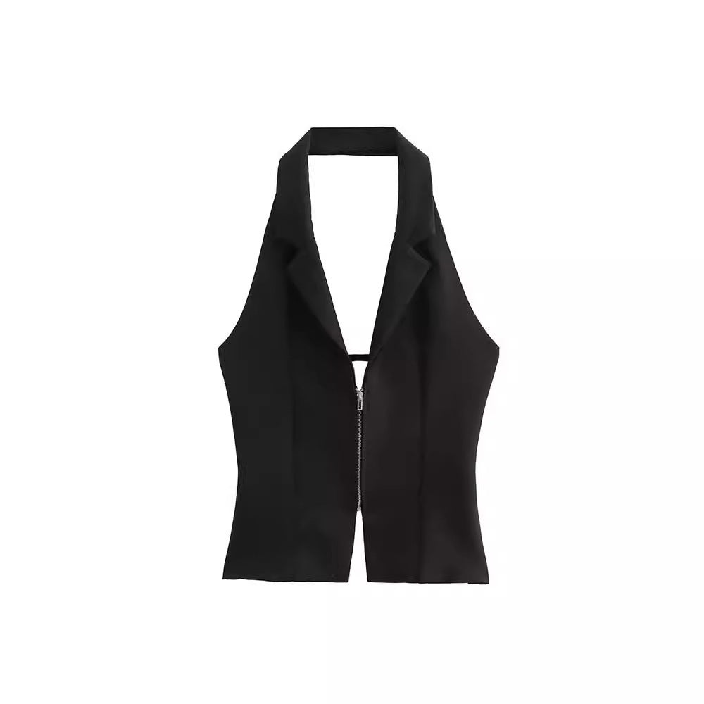 Slim-fit Zipper Design Backless Hanging Collar Top